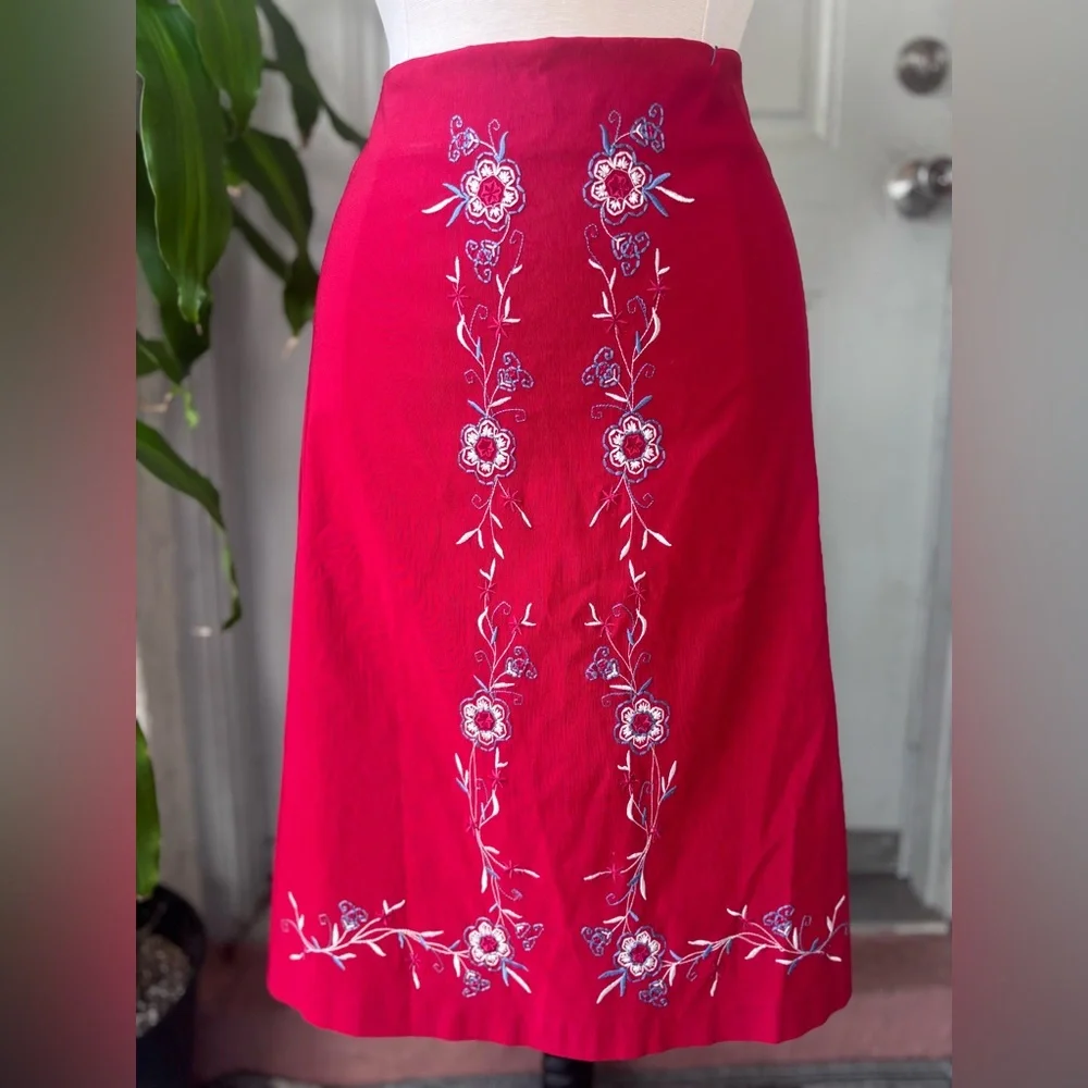 Poleci Embroidered Skirt Womens Sz 8 Vintage Stretch Red Made In USA 90s 80s